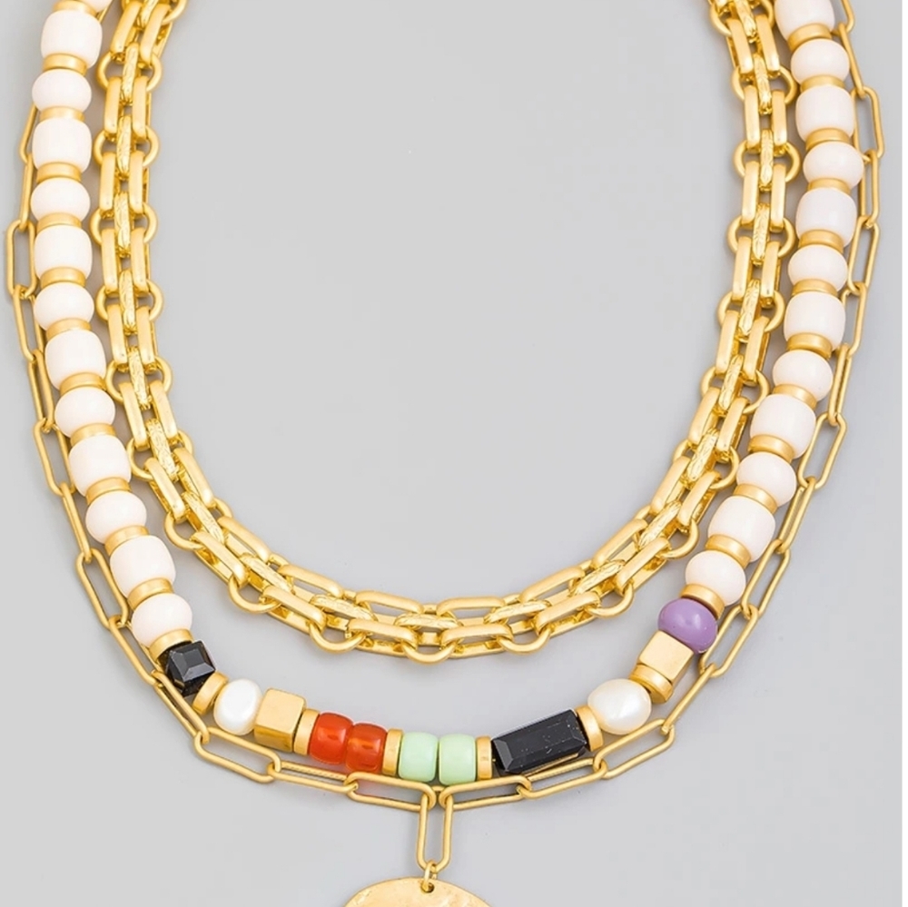 Hammered Disc Layered Bead Chain Necklace - Picture 2 of 3